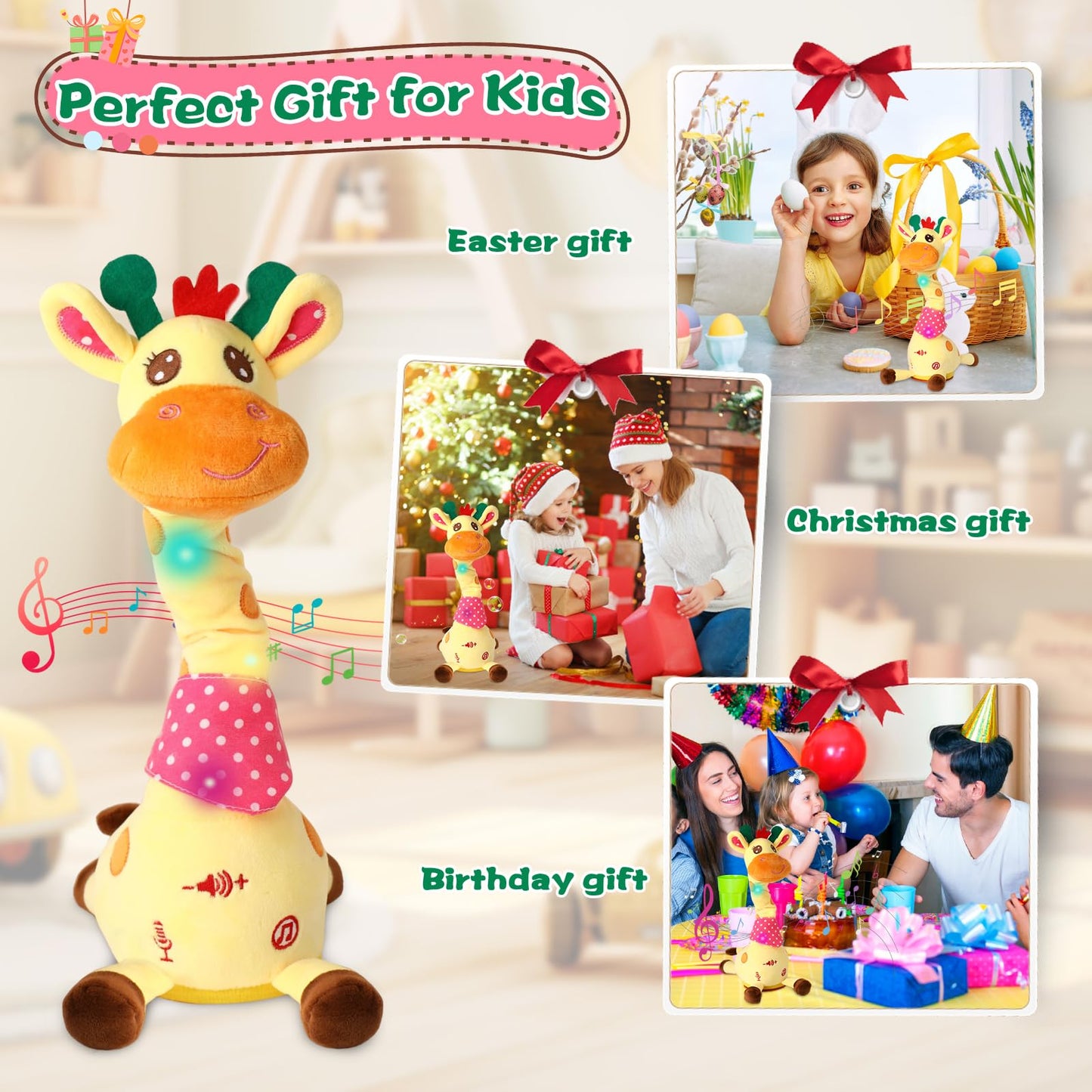 MIAODAM Dancing Talking Giraffe Stuffed Animals, Singing 10 Children's Song, Repeats What You Say, Colorful Glowing Giraffe Plush Baby Toys for Toddlers 1-3 Years,Easter Day Gifts for Kids