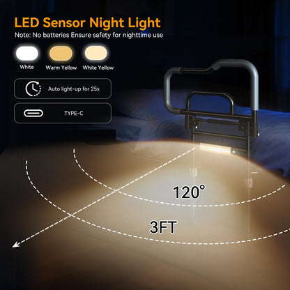 Foldable Bed Assist Rails with Sensor Light & Storage Pocket