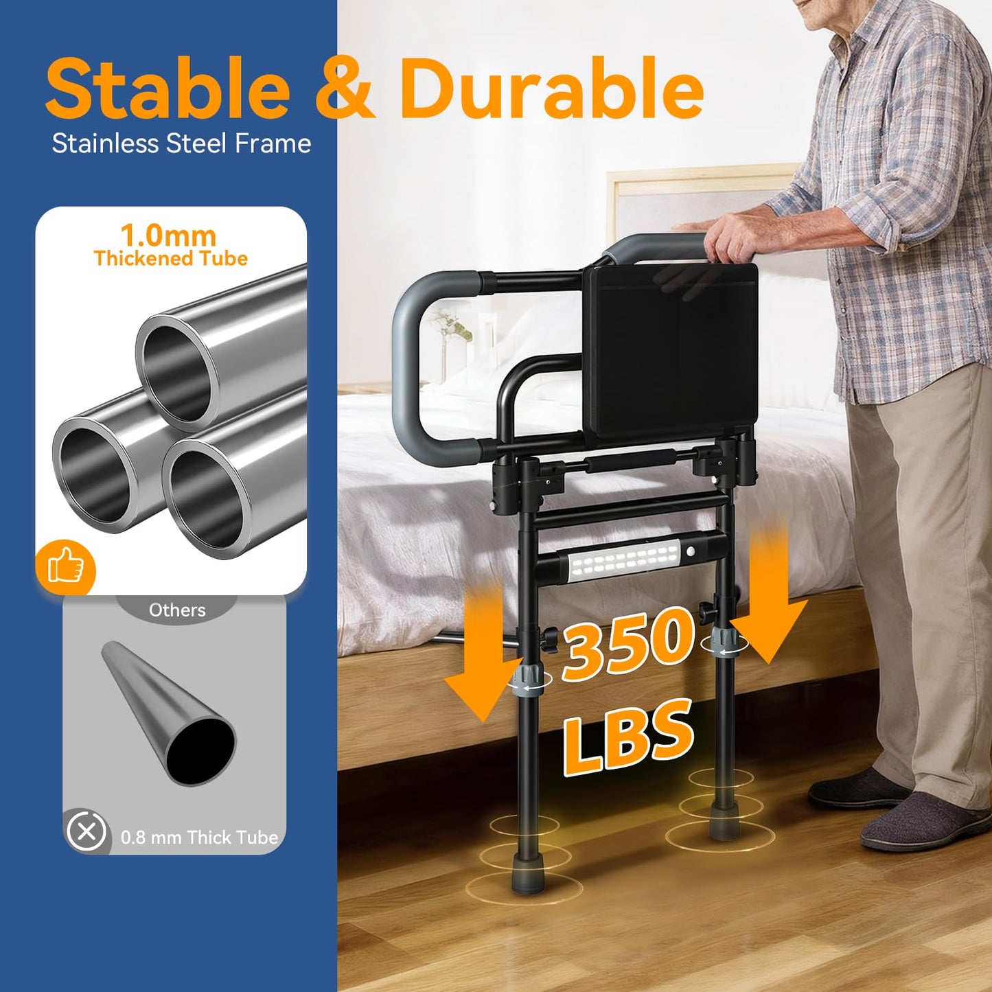 Foldable Bed Assist Rails with Sensor Light & Storage Pocket