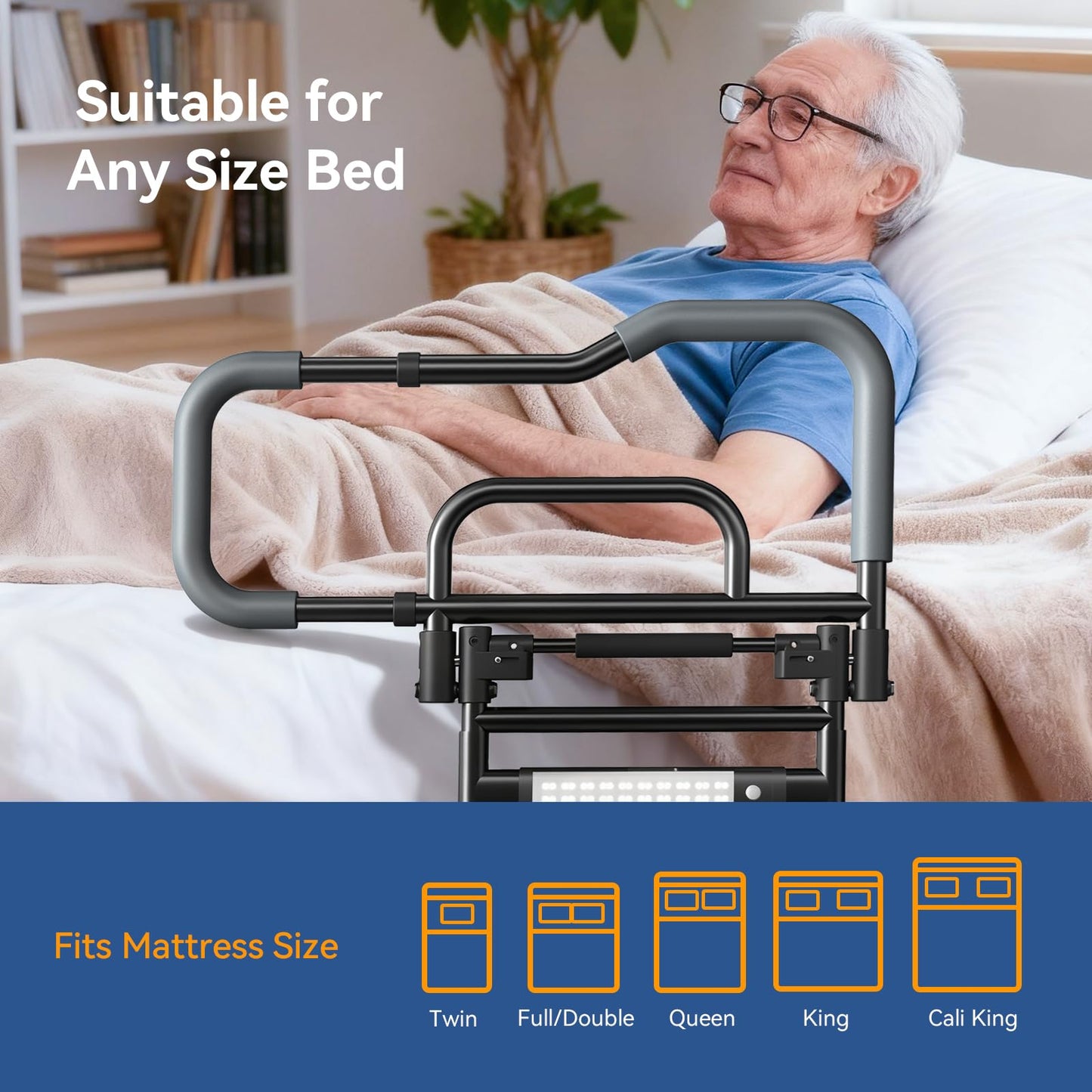 Foldable Bed Assist Rails with Sensor Light & Storage Pocket