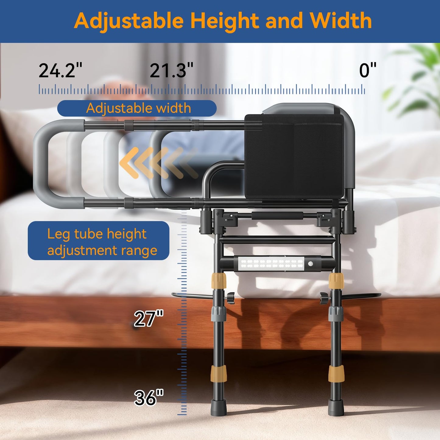Foldable Bed Assist Rails with Sensor Light & Storage Pocket