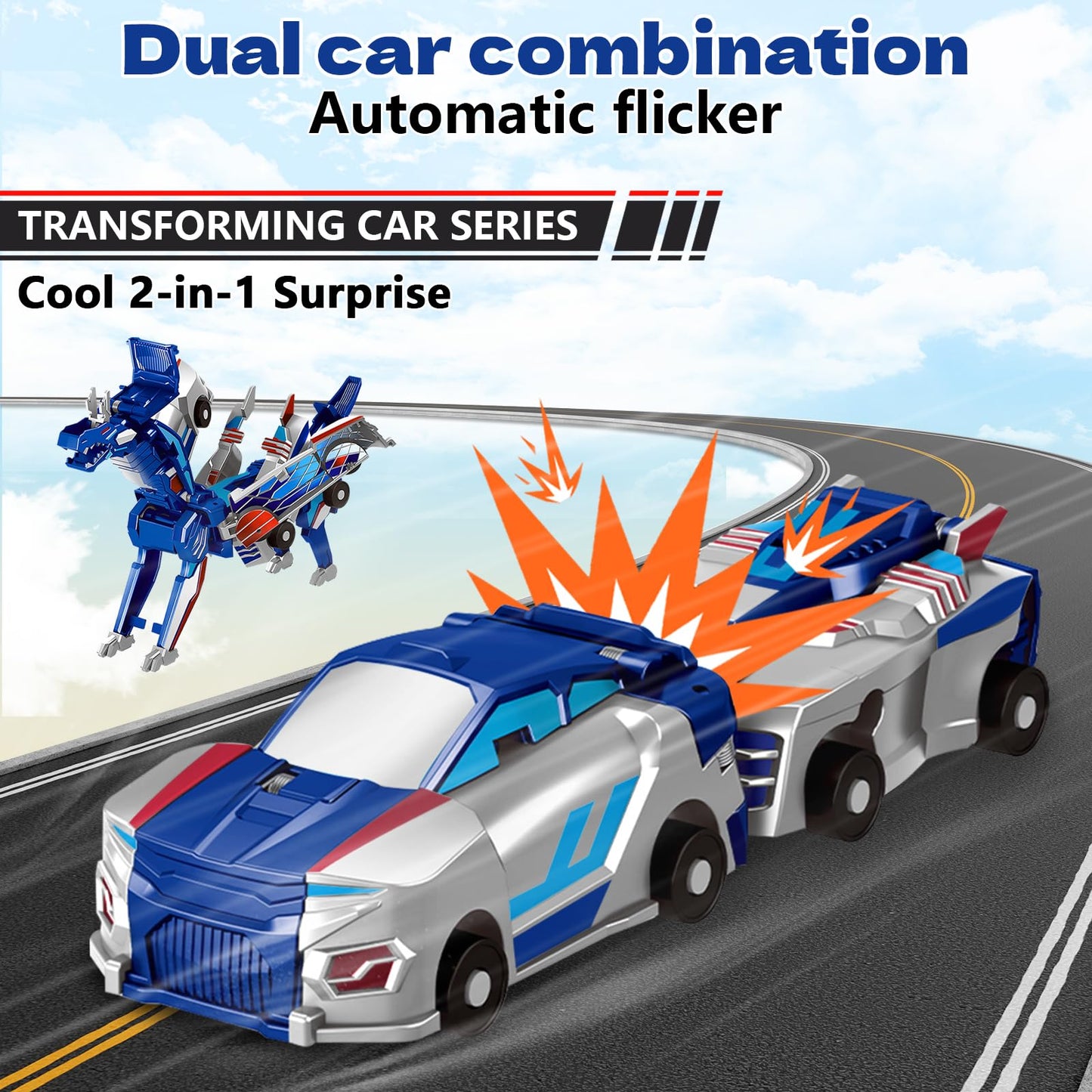 Intoypad Collision Transforming Dinosaur Car Toy, 2 Magnetic Cars Transform into Dinosaur Toys for Kids Toddler Fun Deformation Robot Dino Car Christmas Birthday Gift Toys for Boys Girls(Blue Dragon)